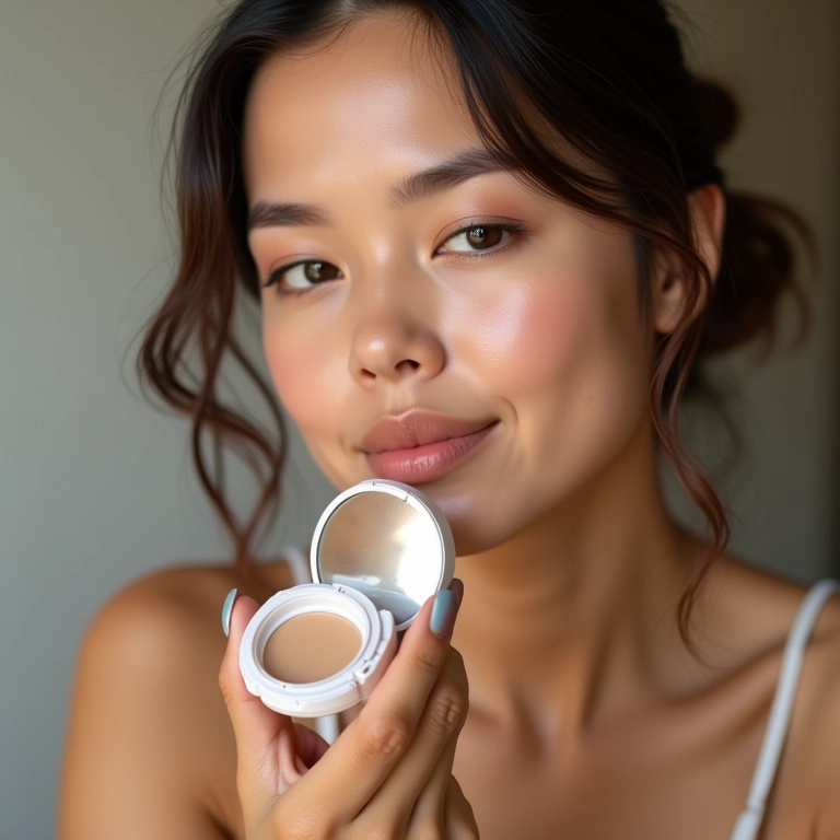 Brasileira usando produto multifuncional de maquiagem.