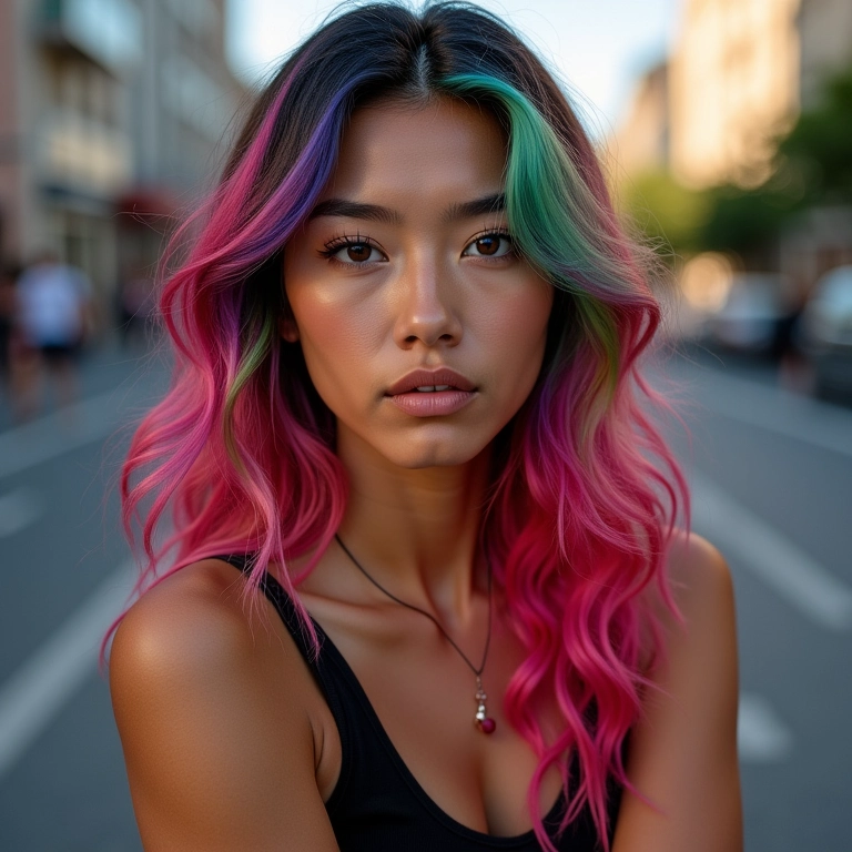 Cabelo colorido em jovem brasileira com estilo ousado.