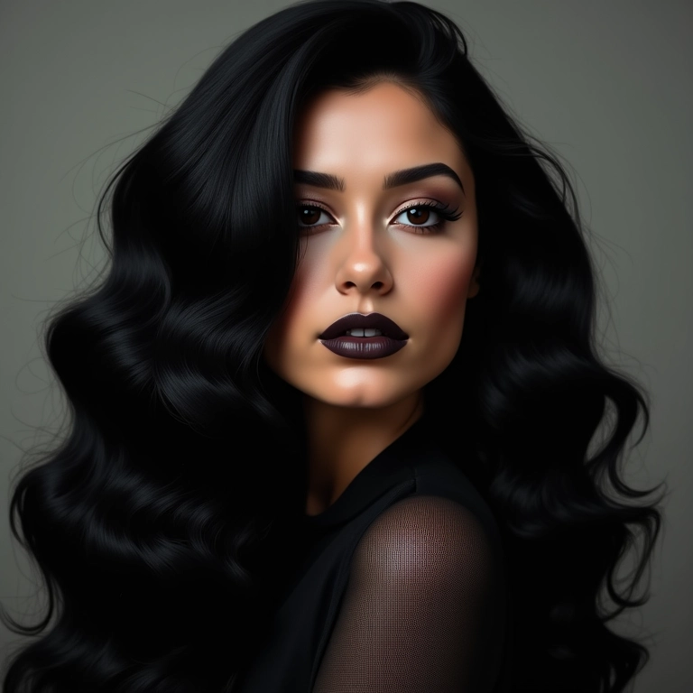 Cabelo com volume e textura, complementando a maquiagem gótica com um toque dramático.