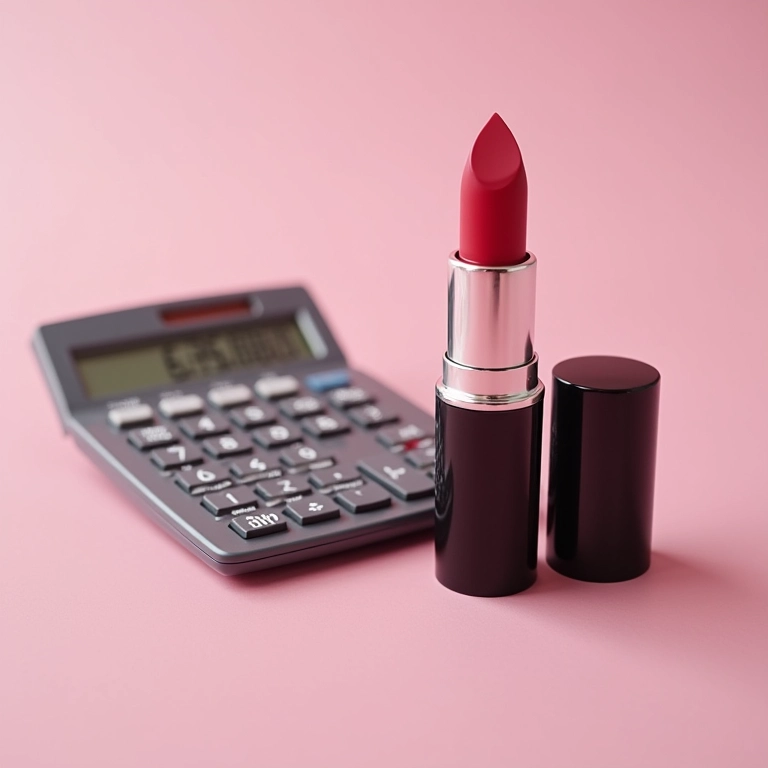Calculadora ao lado de um batom de longa duração, destacando o custo-benefício.