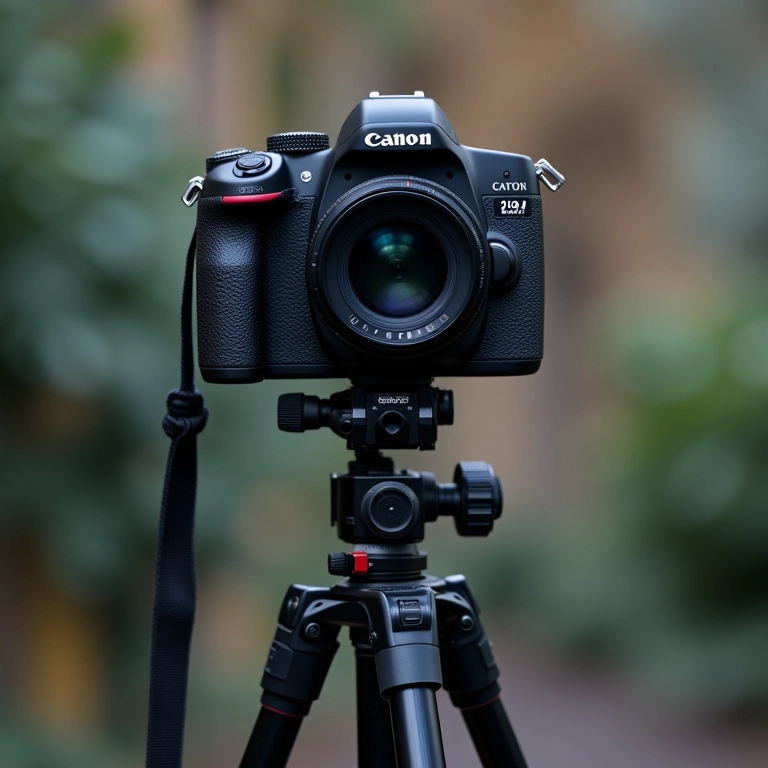 Câmera montada em um tripé, garantindo fotos nítidas e sem tremores.