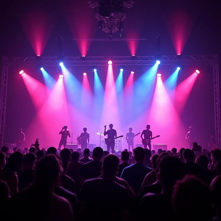 Canhões de luz potentes iluminando palco de festa brasileira.