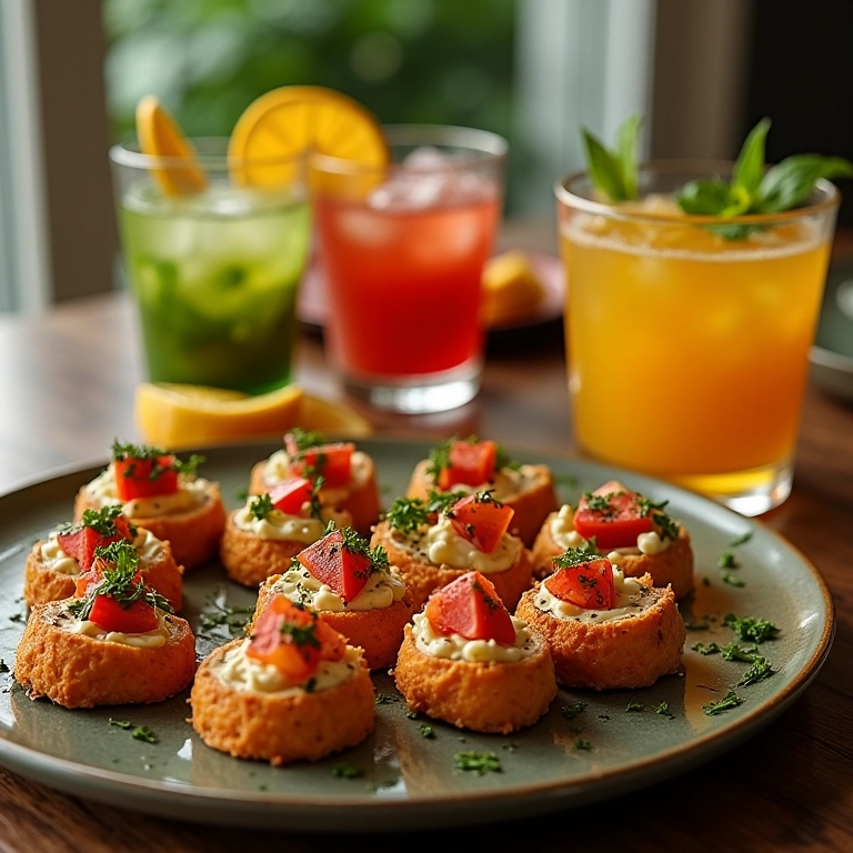 Cardápio de festa delicioso com aperitivos e bebidas brasileiras, com cores vibrantes.