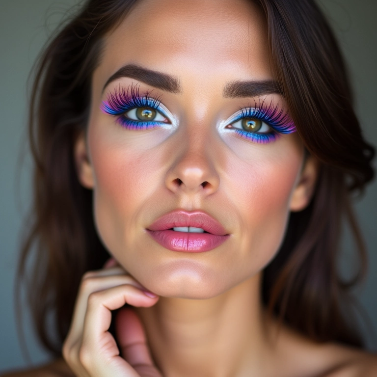 Cílios postiços coloridos com maquiagem ousada.