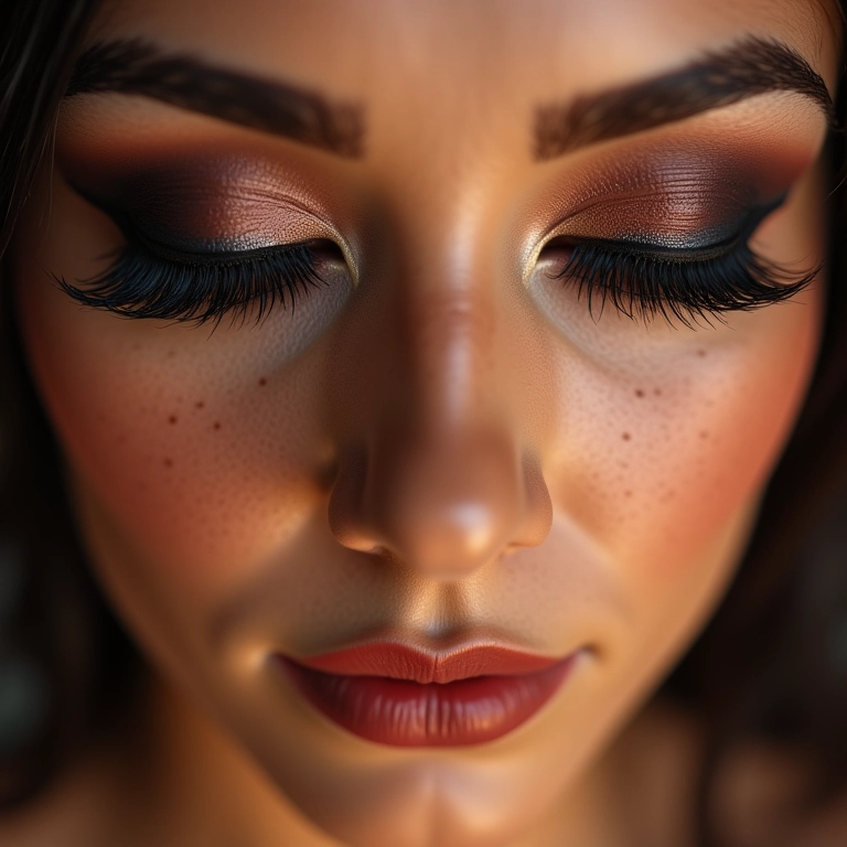 Cílios postiços dramáticos: volume e alongamento em maquiagem árabe em mulher brasileira.