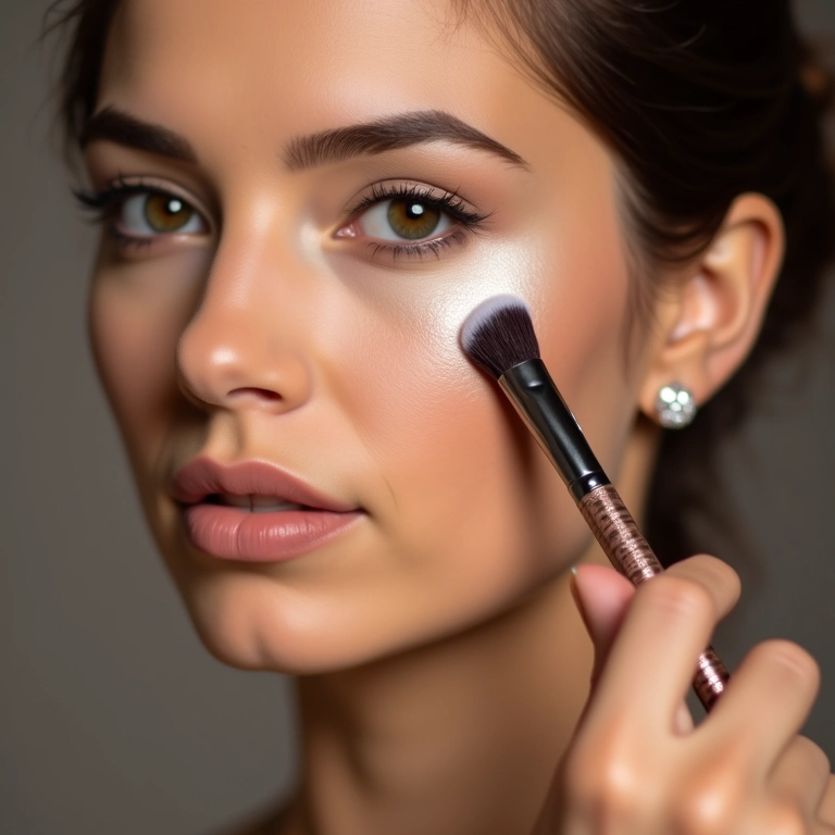 Close da aplicação de iluminador com pincel chanfrado.