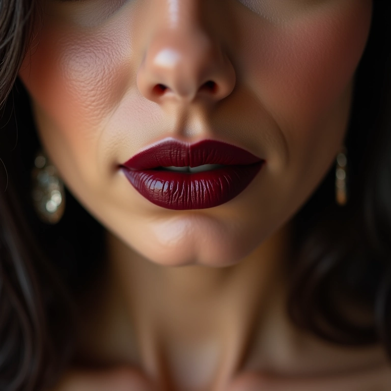 Close de lábios com batom vinho vibrante.