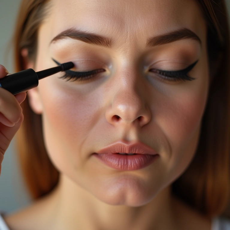 Close de mulher fazendo delineado gatinho.