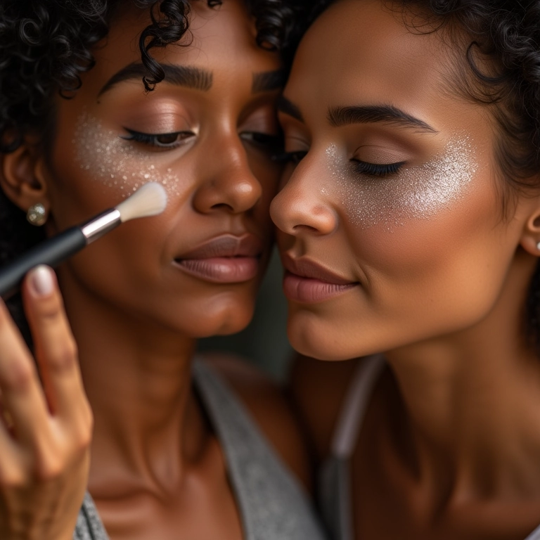 Close de mulheres diversas aplicando iluminador em pérolas.