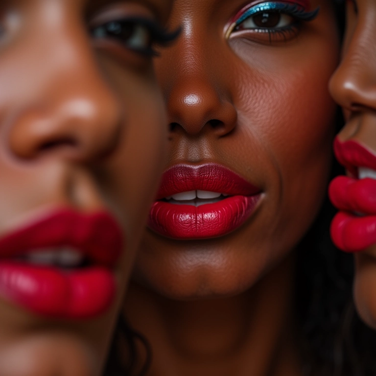 Close de mulheres diversas experimentando batons vermelhos.