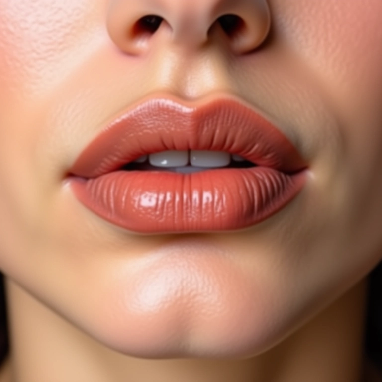 Close-up de lábios com batom nude perfeitamente aplicado.