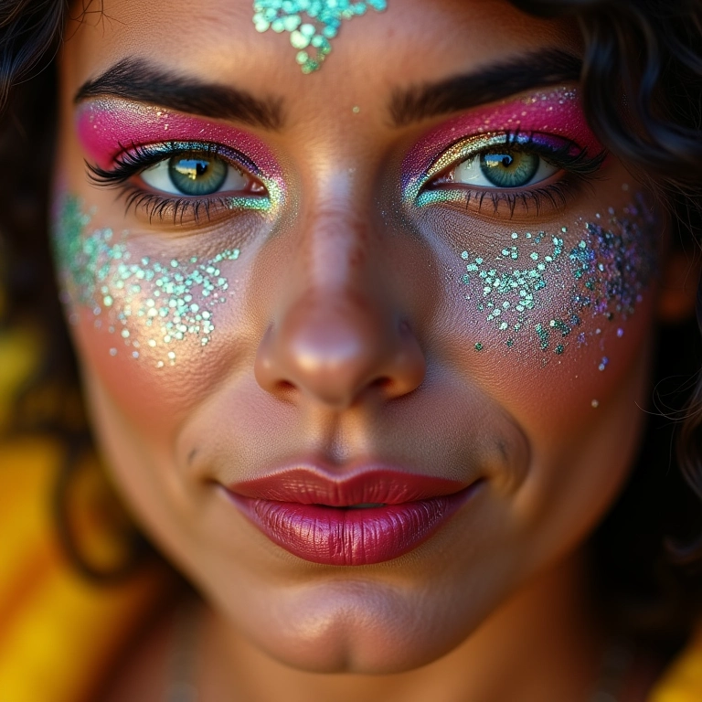 Close-up de maquiagem com glitter para carnaval.