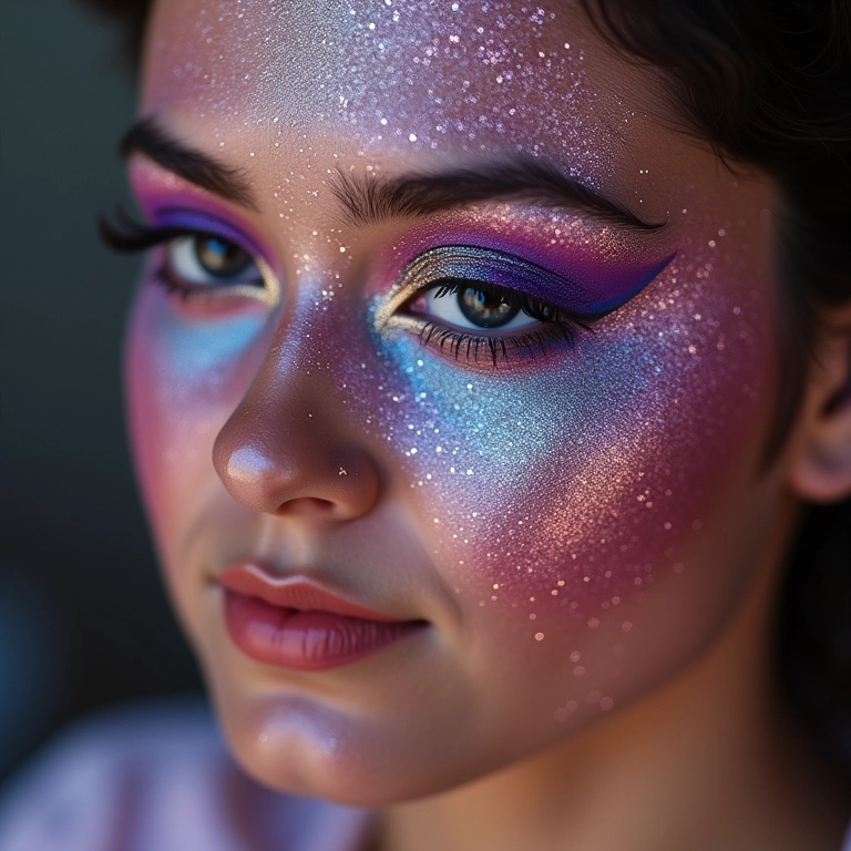 Close-up de maquiagem com glitter sendo fixada com spray fino, cores vibrantes, efeito brilhante.