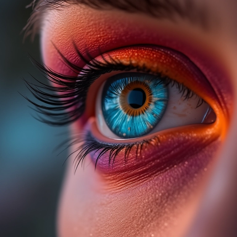 Close-up de maquiagem dos olhos com cores vibrantes sendo fixada com spray.