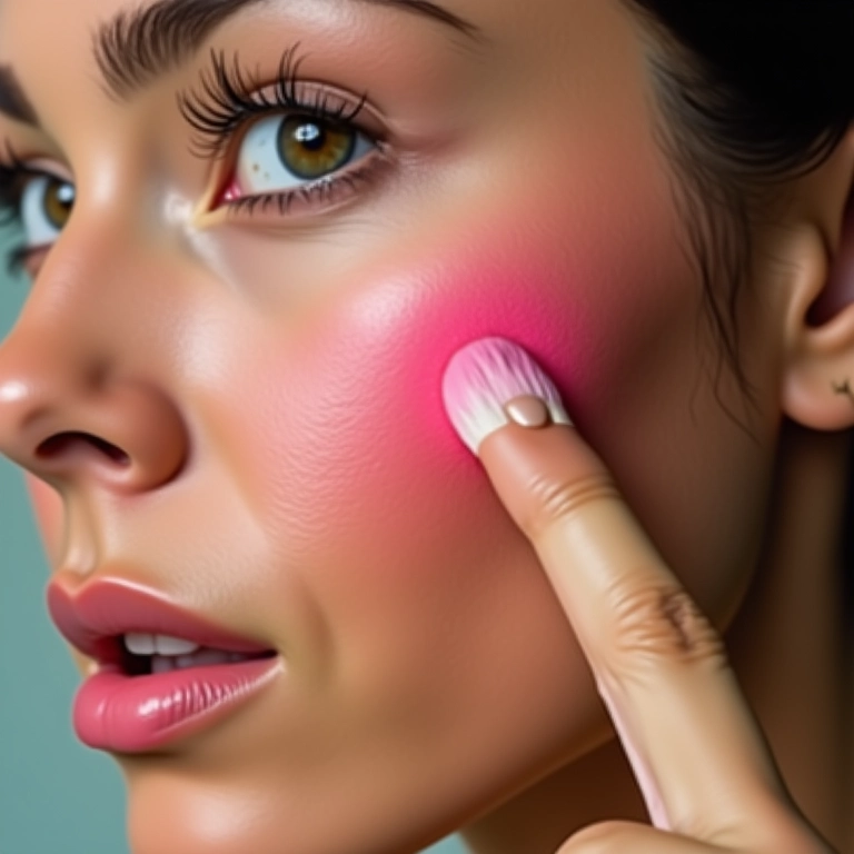 Close-up de mulher aplicando blush nas bochechas.