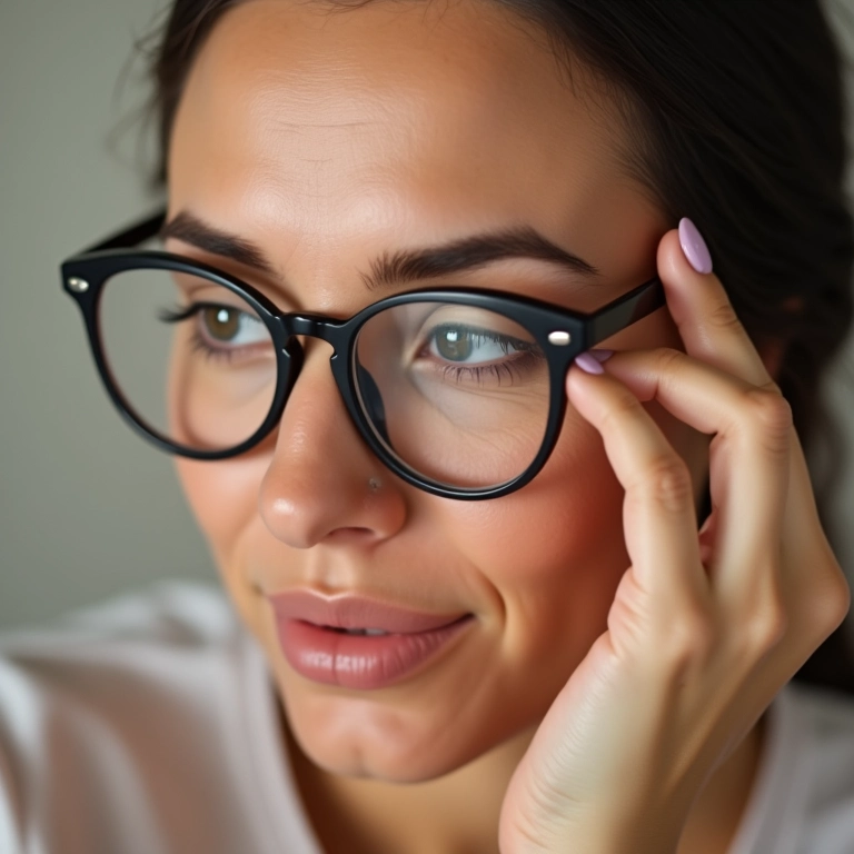 Close-up de mulher aplicando corretivo sob os olhos com óculos.