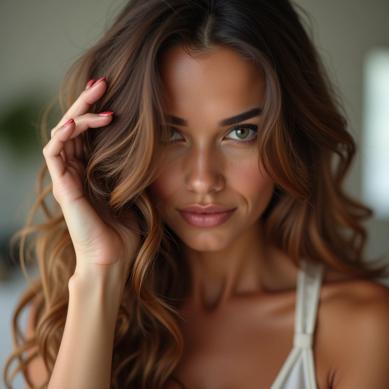 Close-up de mulher aplicando fixador sem álcool, cabelos saudáveis e brilhantes.