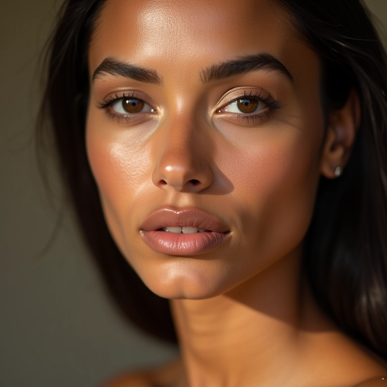 Close-up de mulher brasileira com maquiagem natural e batom nude.