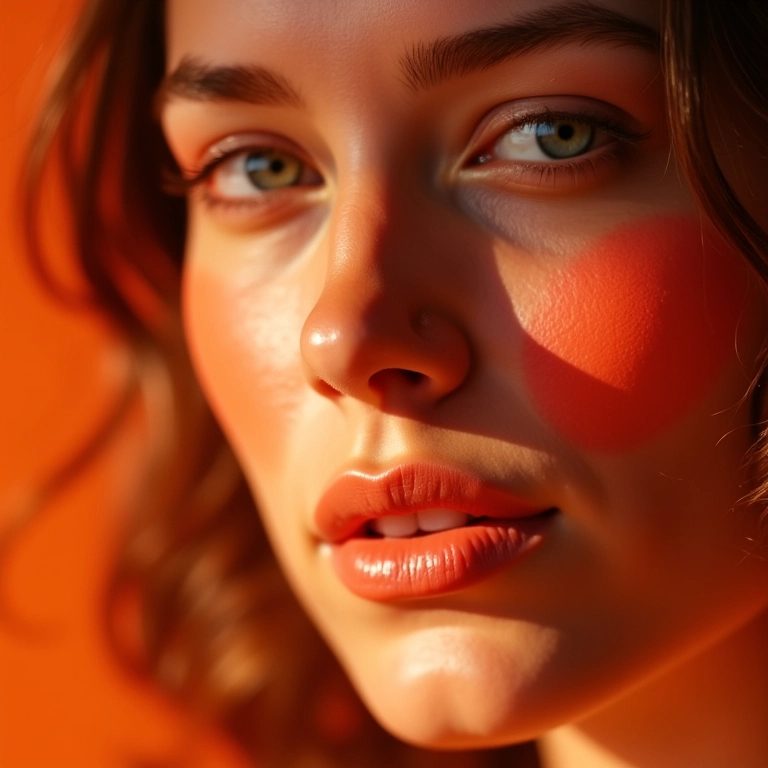 Close up de mulher com blush laranja vibrante.