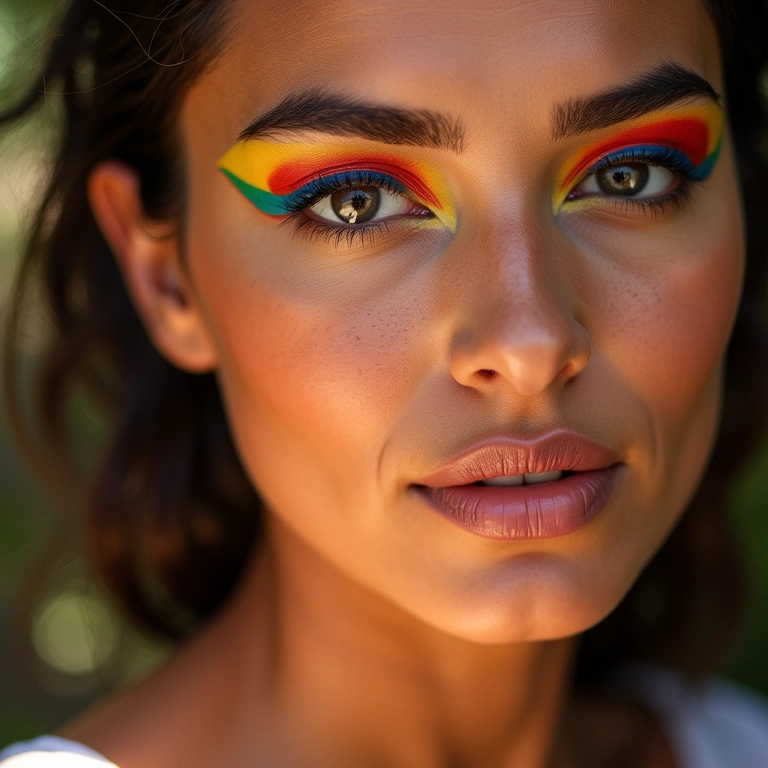 Close-up de mulher com delineador colorido vibrante, estilo Farm Rio, beleza brasileira.