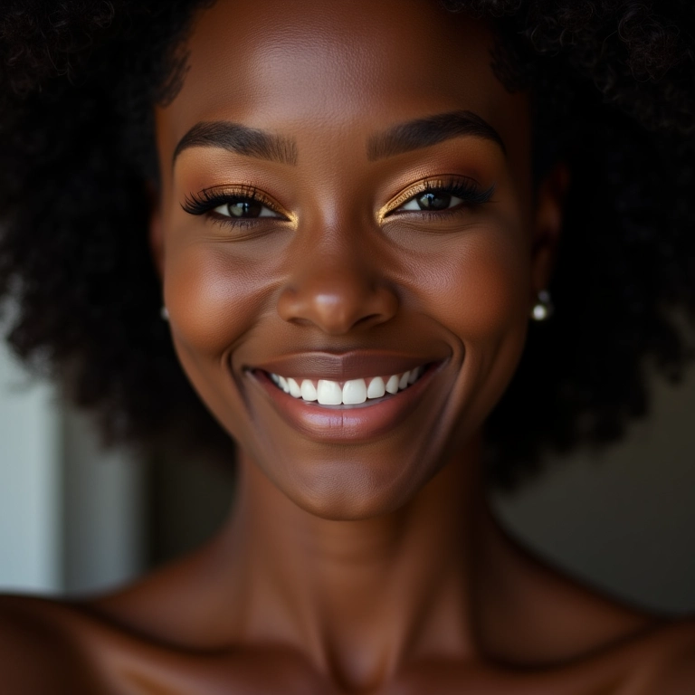 Close-up de mulher negra com maquiagem para formatura.