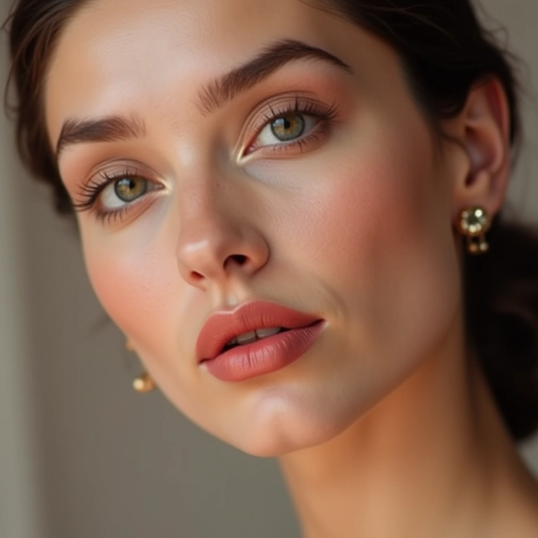 Close up de mulher usando batom nude ou rosa claro com maquiagem dos anos 60.