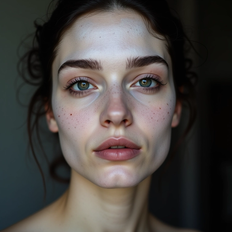 Close-up de pele pálida e impecável com maquiagem gótica suave, exibindo uma textura perfeita.