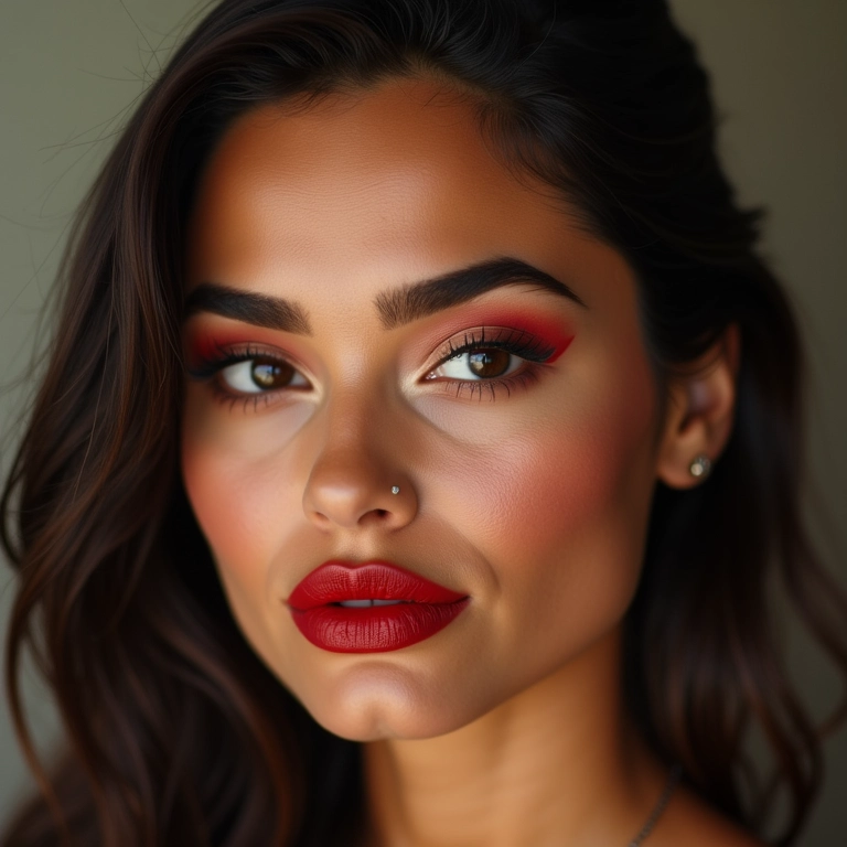 Combinação de batom vermelho com maquiagem dos olhos.