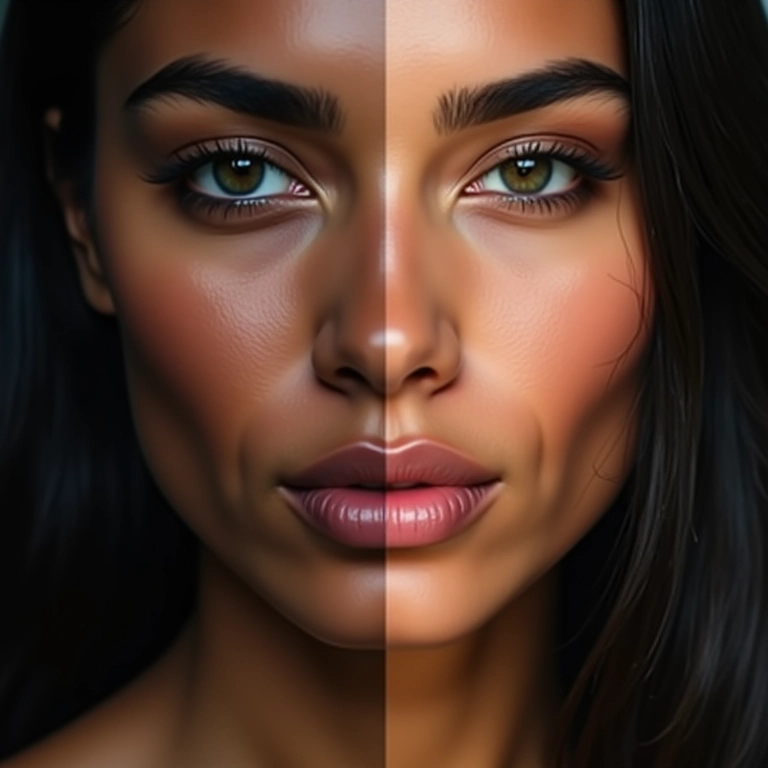 Comparação de maquiagem matte e iluminada.