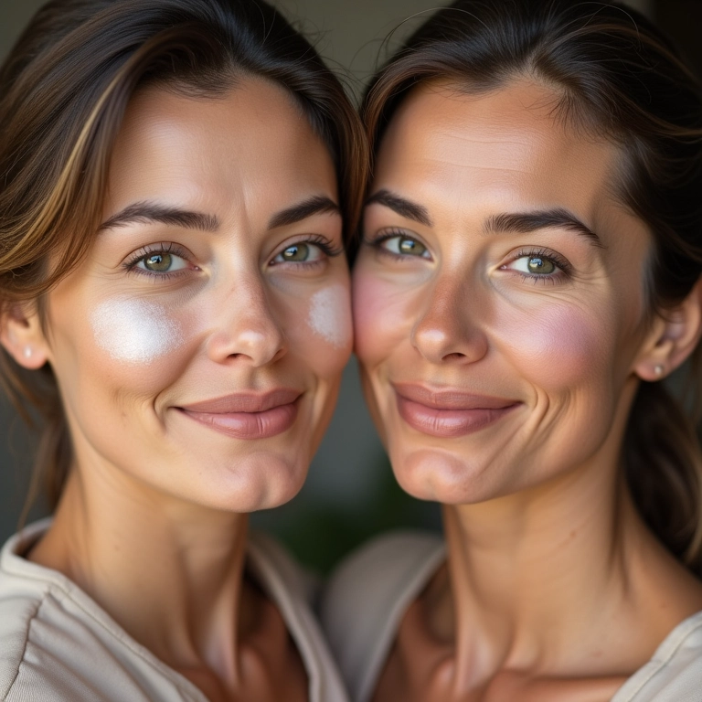 Comparação de pó translúcido e com cor para pele madura.