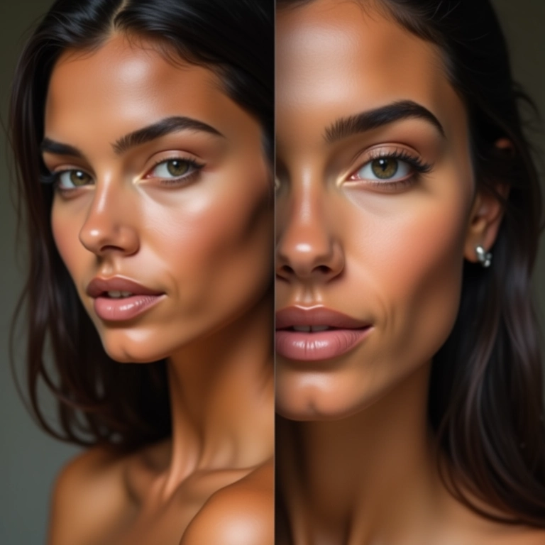 Comparação de tons de base para rosto redondo.