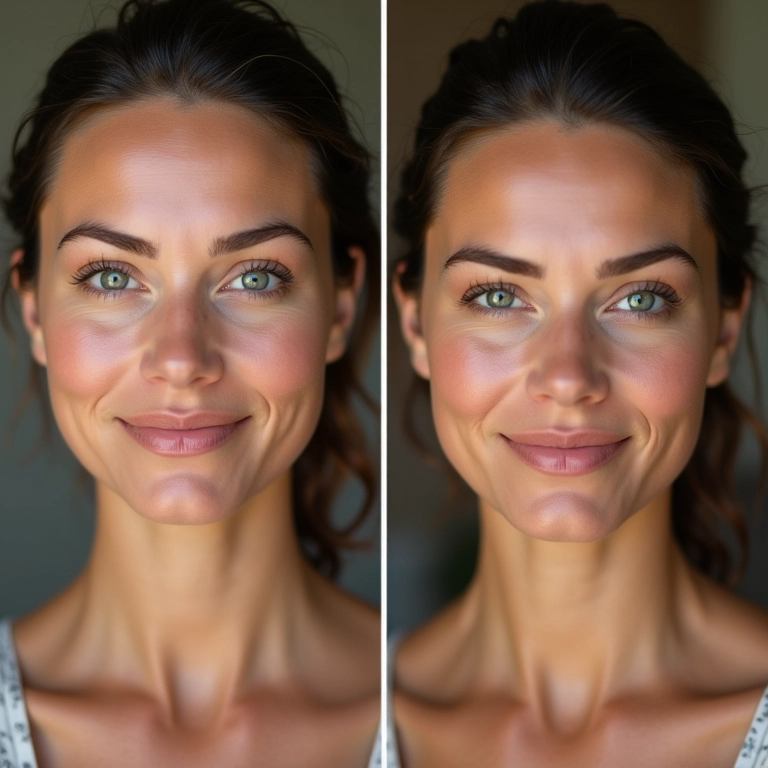 Comparativo antes e depois do primer lifting: pele mais lisa e uniforme.