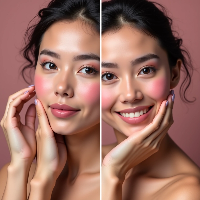 Comparativo blush com brilho e blush matte.