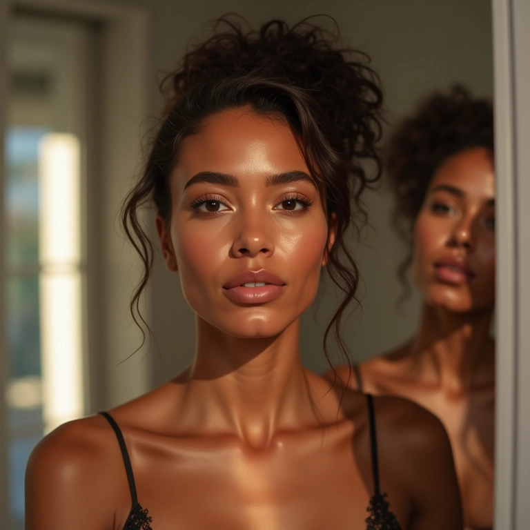 Comparativo de bronzer matte e com brilho em diferentes tons de pele.