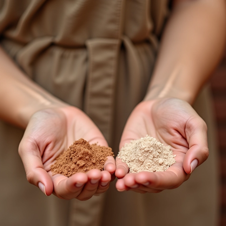 Comparativo entre pó compacto e pó solto na mão de uma mulher.