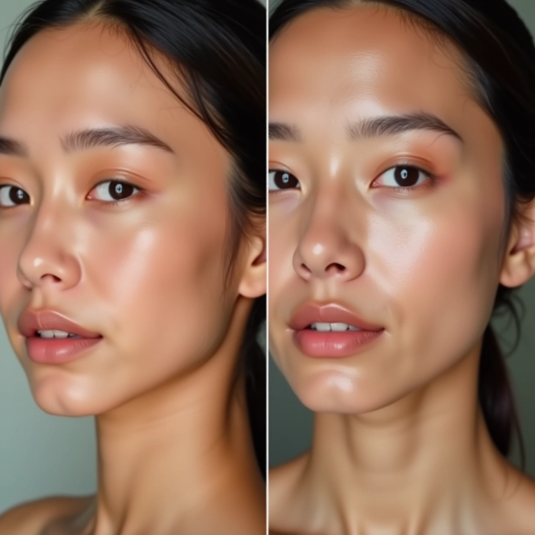 Comparativo entre pó solto translúcido e com cor em diferentes tons de pele.