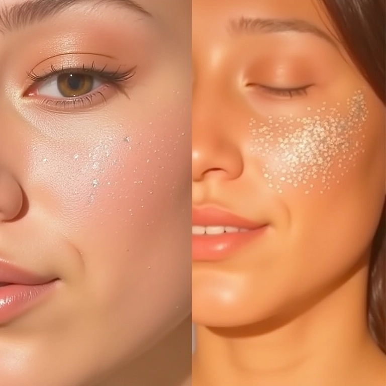 Comparativo: iluminador com brilho e glow natural na pele.