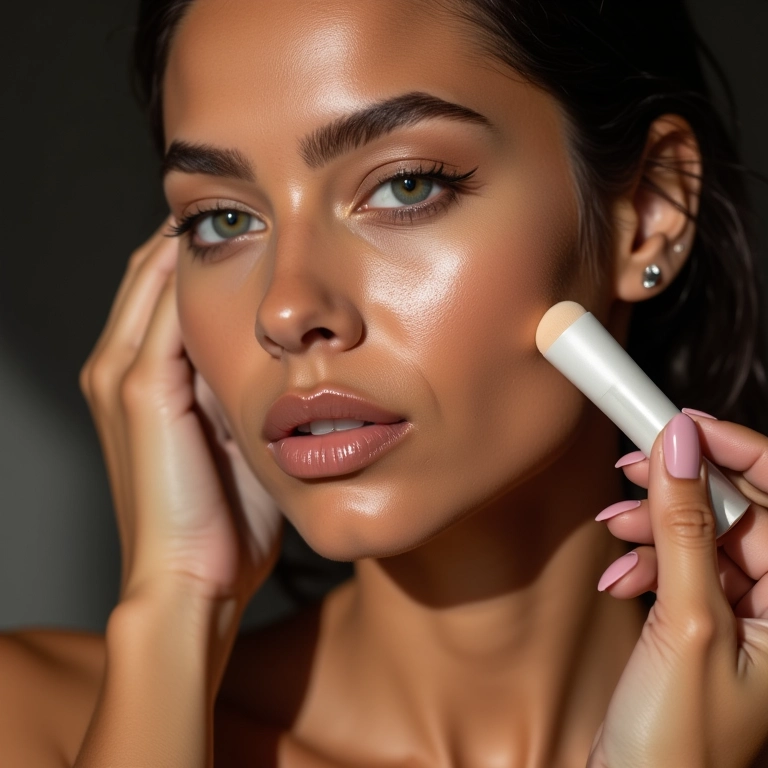 Contorno cremoso sendo aplicado no rosto de uma modelo brasileira.