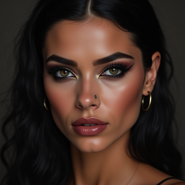 Contorno facial marcado, esculpindo o rosto e realçando a estrutura óssea com a maquiagem gótica.