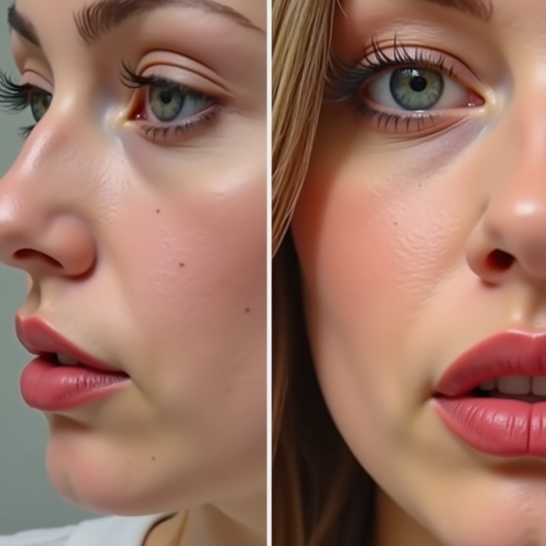 Contorno labial com batom nude para aumentar os lábios.