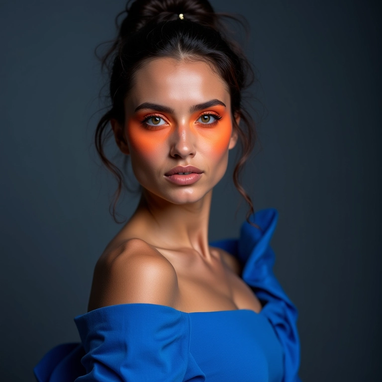 Contraste moderno: maquiagem laranja para um look vibrante com vestido azul.