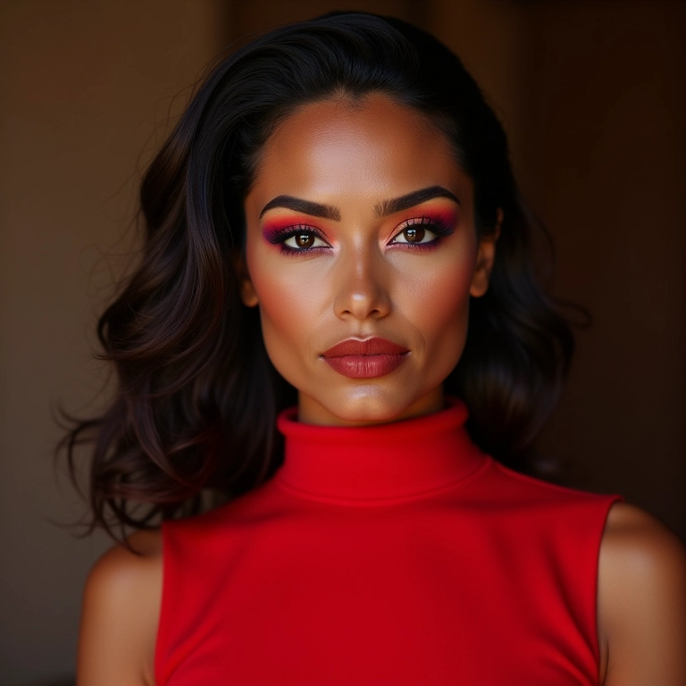 Cores complementares para um look ousado com vestido vermelho.