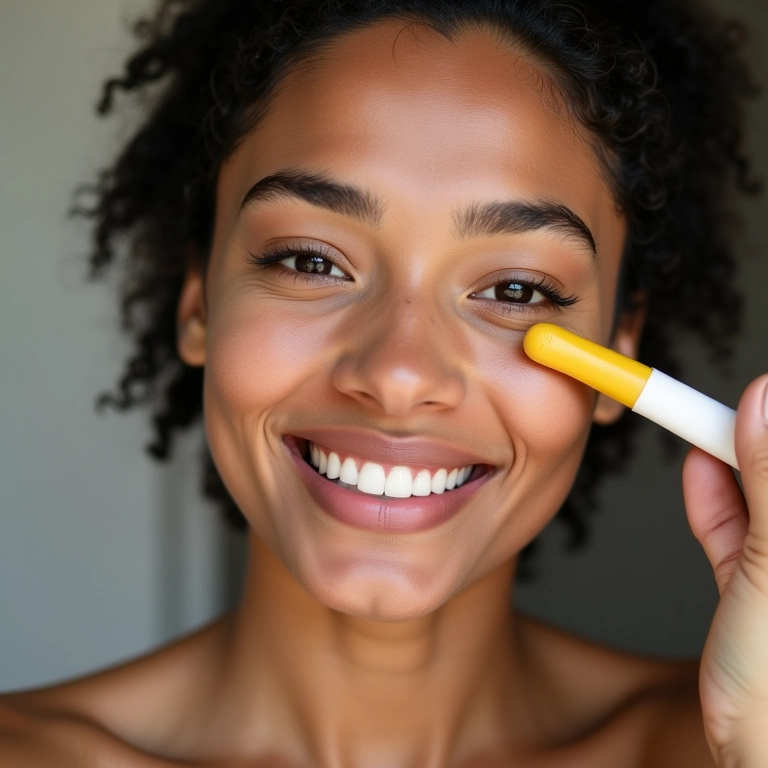 Corretivo amarelo atenuando olheiras em pele jovem.