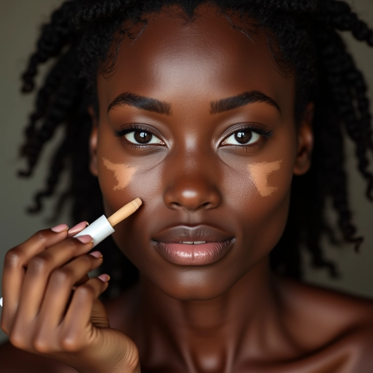 Corretivo disfarçando manchas escuras em pele negra.