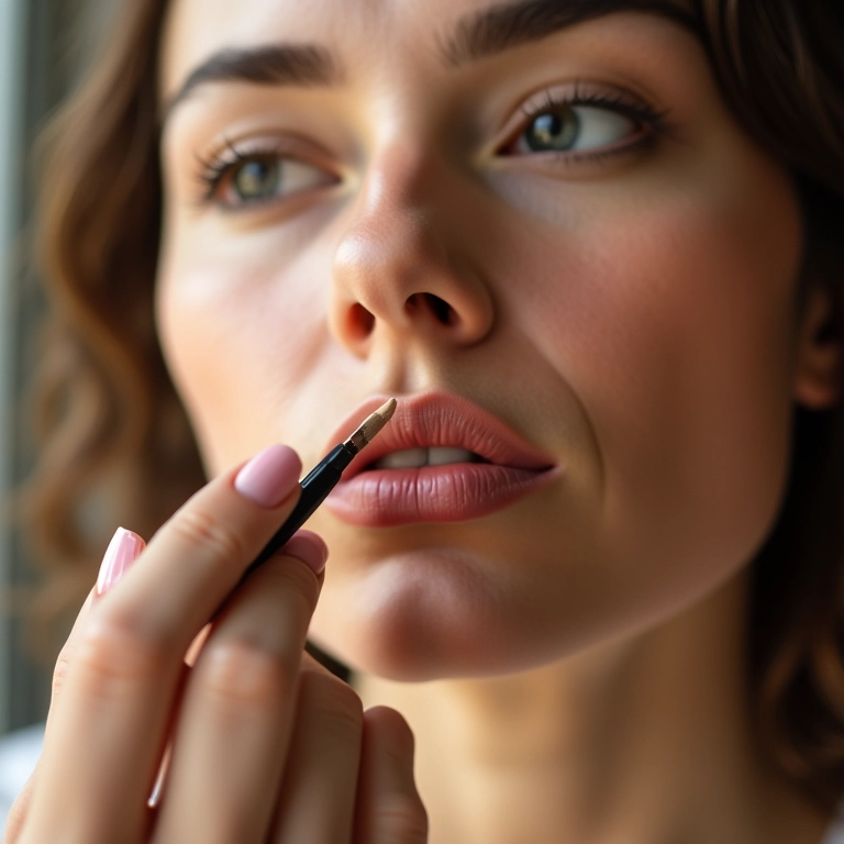 Corretivo em lápis definindo contorno dos lábios.