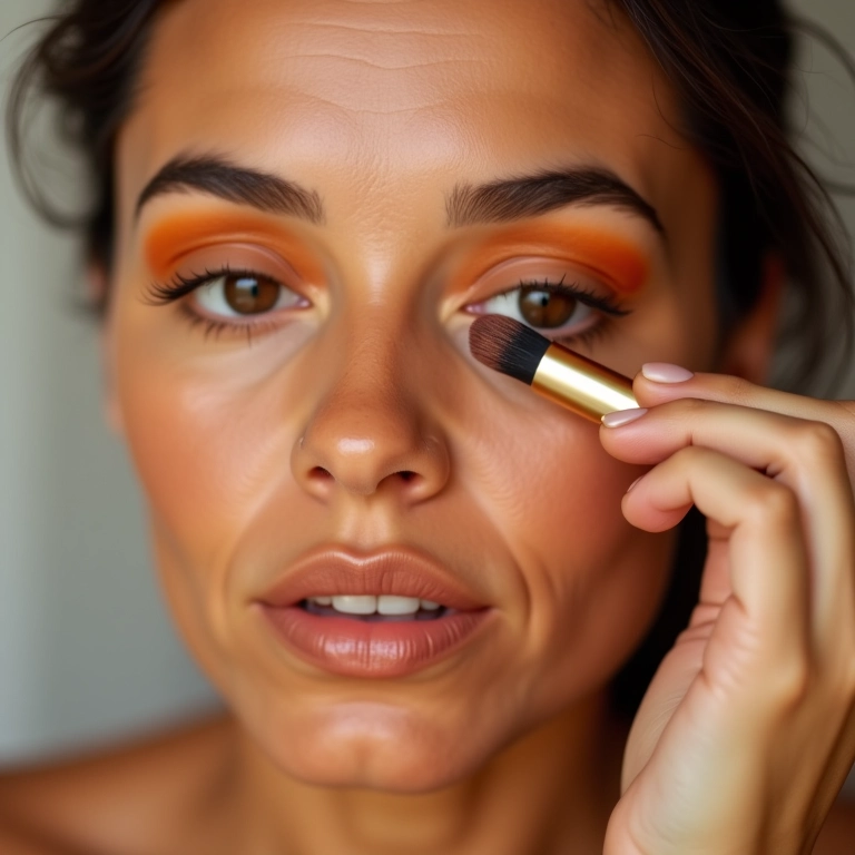Corretivo laranja para olheiras amarronzadas, mulher aplicando.