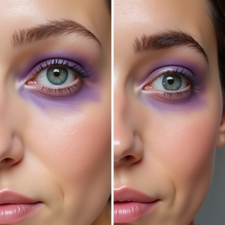 Corretivo lifting para olheiras roxas, antes e depois.