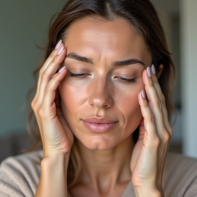 Corretivo para olheiras e bolsas, mulher demonstra aplicação.