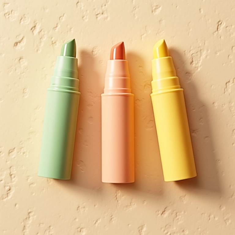 Corretivos coloridos: verde, pêssego e amarelo para diferentes tipos de manchas.