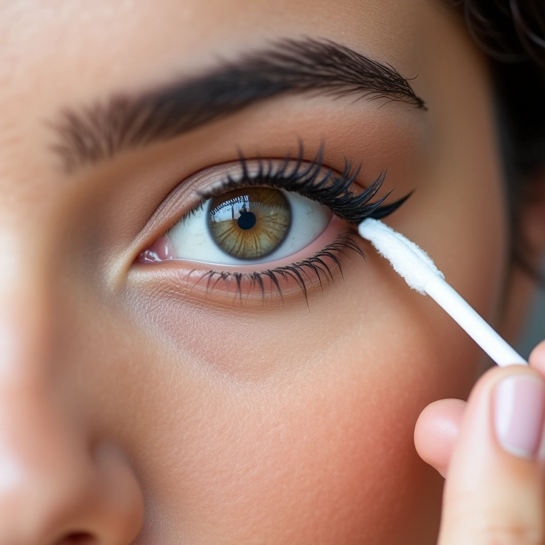 Corrigindo imperfeições do delineado com cotonete e demaquilante.